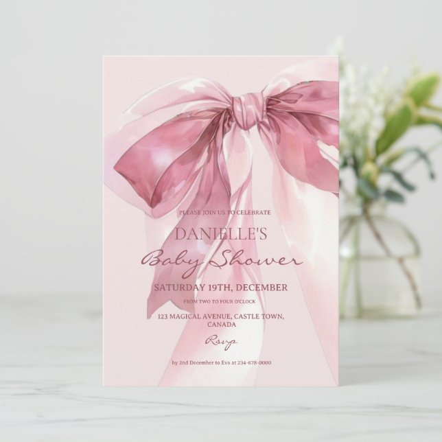 Invitación Pink Coquette Bow Baby Girl Shower (Anverso de pie)