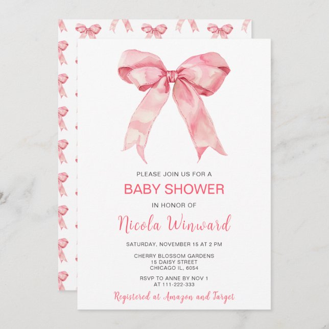 Invitación Pink Coquette Bow Baby Shower (Anverso / Reverso)