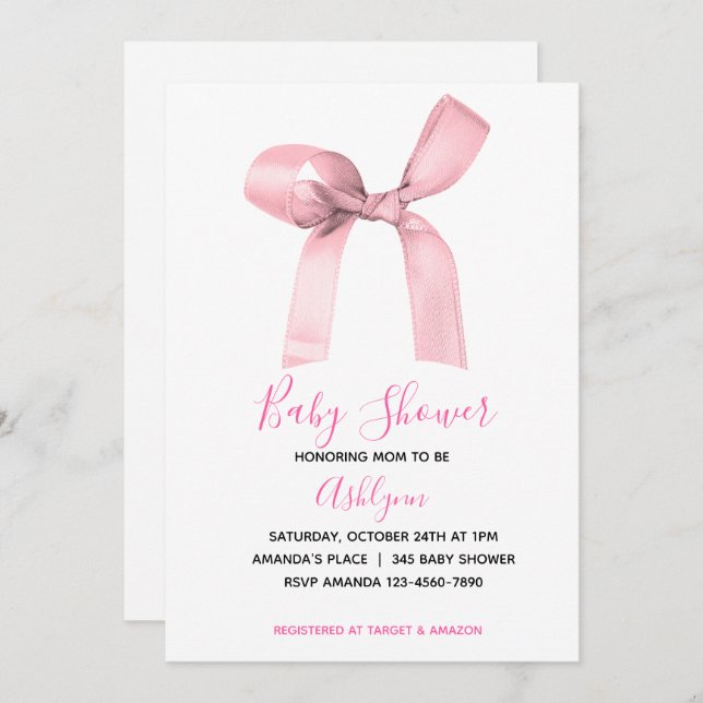 Invitación Pink Coquette Bow Baby Shower (Anverso / Reverso)