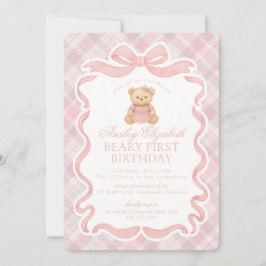 Invitación Pink Coquette Bow Bear Beary First Birthday