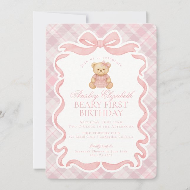 Invitación Pink Coquette Bow Bear Beary First Birthday (Anverso)