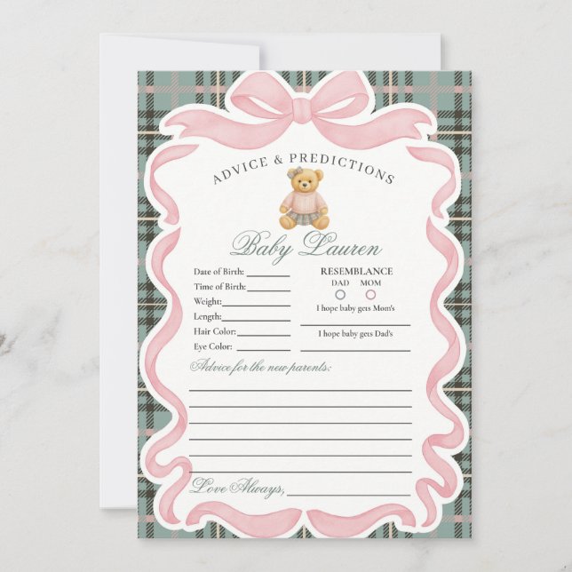 Invitación Pink Coquette Bow Bear Girl Advice for Baby Card (Anverso)
