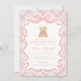 Invitación Pink Coquette Bow Bear Tartan Plaid Baby Shower