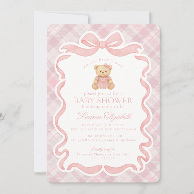 Invitación Pink Coquette Bow Bear Tartan Plaid Baby Shower (Anverso)