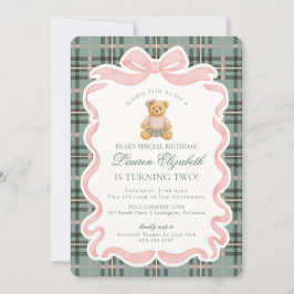 Invitación Pink Coquette Bow Bear Tartan Plaid Birthday