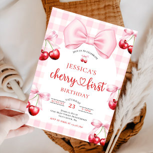 Invitación Pink Coquette Bow Cherry First Birday Party