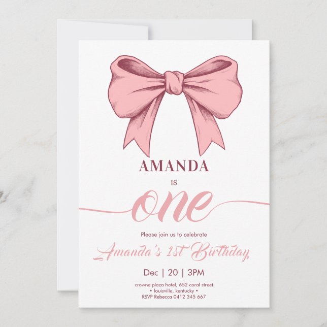Invitación Pink Coquette Bow Chica Birthday (Anverso)