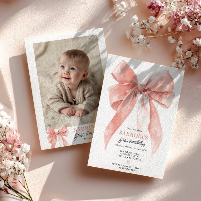 Invitación Pink Coquette Bow Girl 1st Birthday Party Photo (Pink Coquette Bow Girl 1st Birthday Party Photo Invitation)