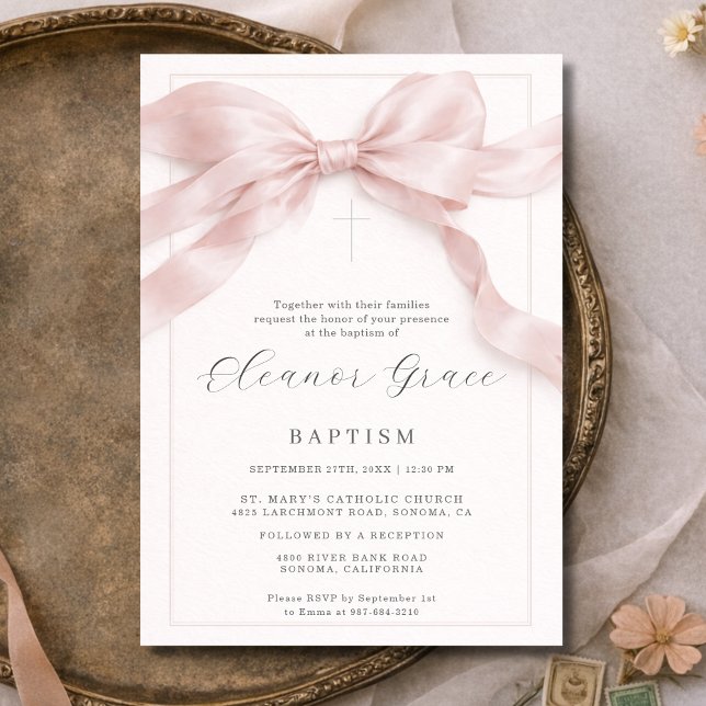 Invitación Pink Coquette Bow Girl Baptism (Subido por el creador)