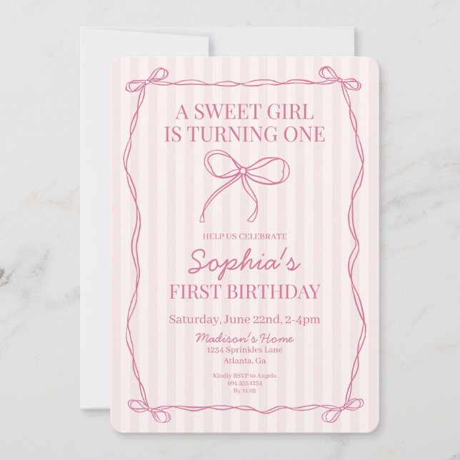 Invitación Pink Coquette Bow Pastel Fiesta de Cumpleaños (Anverso)