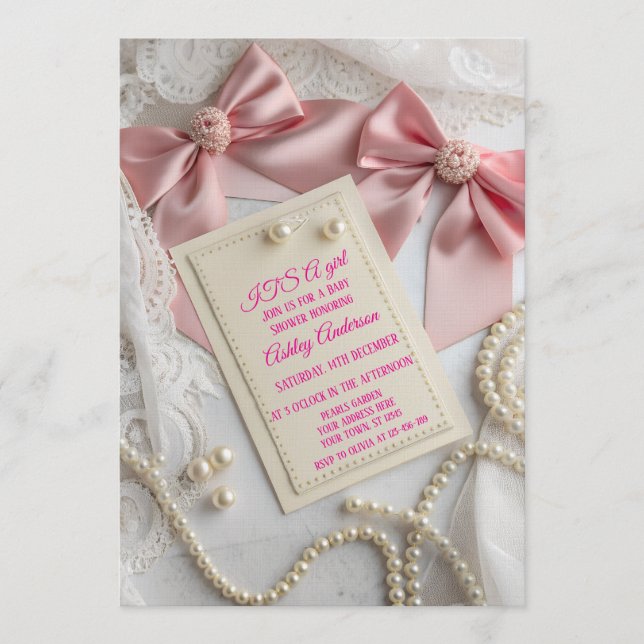 Invitación Pink Coquette Bow Pearl Elegant Ribbon Party (Anverso)