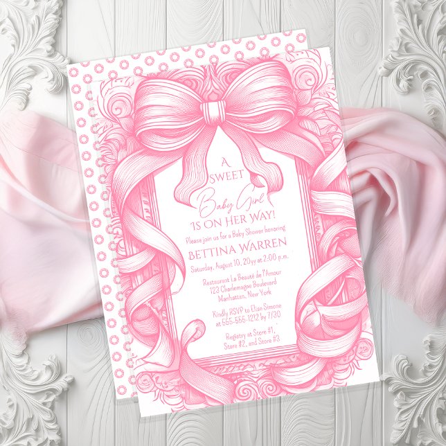 Invitación Pink Coquette Bow Ribbon Toile de Jouy Baby Shower (Pink Coquette Bow and Ribbons Toile de Jouy Girl Baby Shower Invitation - Print | Digital Download)