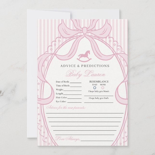 Invitación Pink Coquette Bow Rocking Horse Baby Advice Card (Anverso)