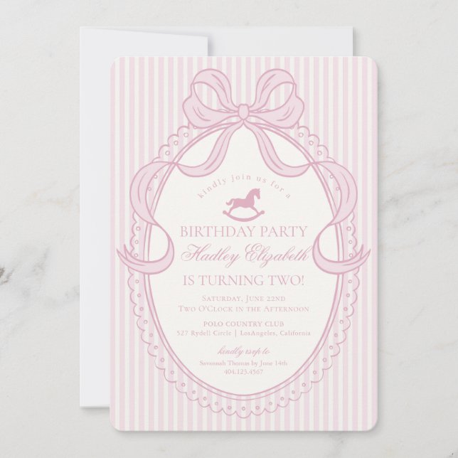 Invitación Pink Coquette Bow Rocking Horse Birthday (Anverso)