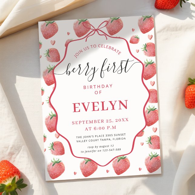 Invitación Pink Coquette Bow Strawberry Berry First Birthday (Subido por el creador)