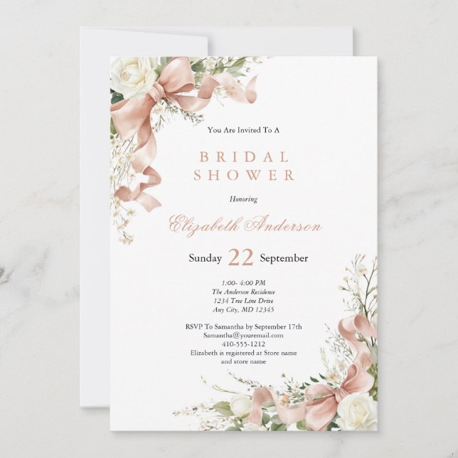 Invitación Pink Coquette Bow Watercolor Floral Bridal Shower (Anverso)