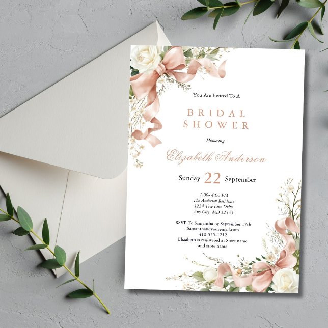 Invitación Pink Coquette Bow Watercolor Floral Bridal Shower (Pink Coquette Bow, White Florals Bridal Shower invitation. Printed or Digital)