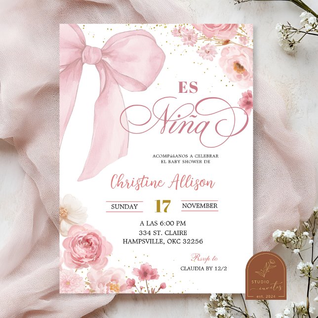 Invitación Pink coquette floral  Es Nina Spanish Baby Shower (Subido por el creador)