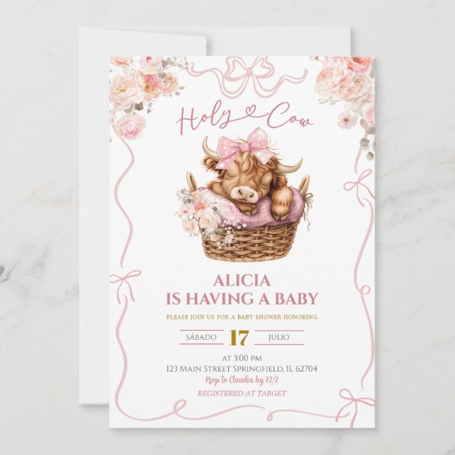 Invitación Pink Coquette Girl Highland Cow Baby Shower (Anverso)