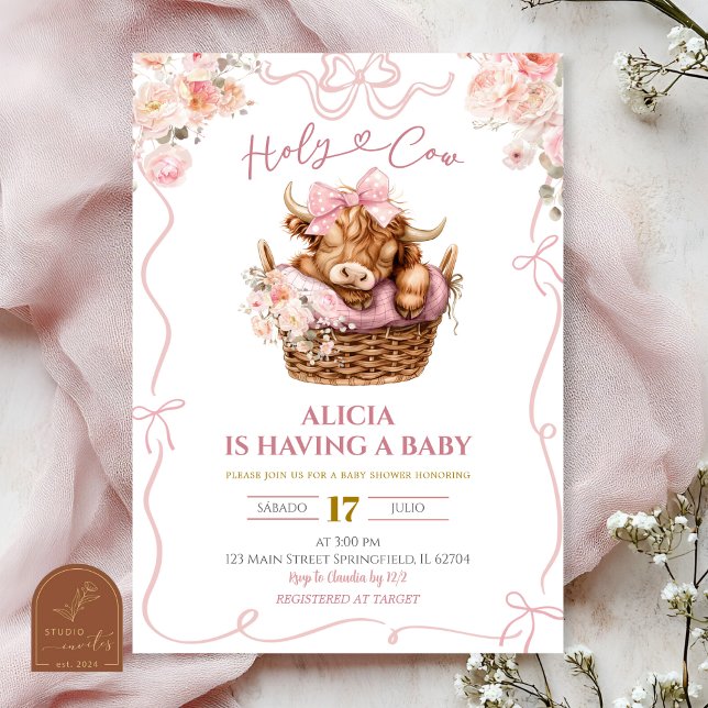 Invitación Pink Coquette Girl Highland Cow Baby Shower (Subido por el creador)