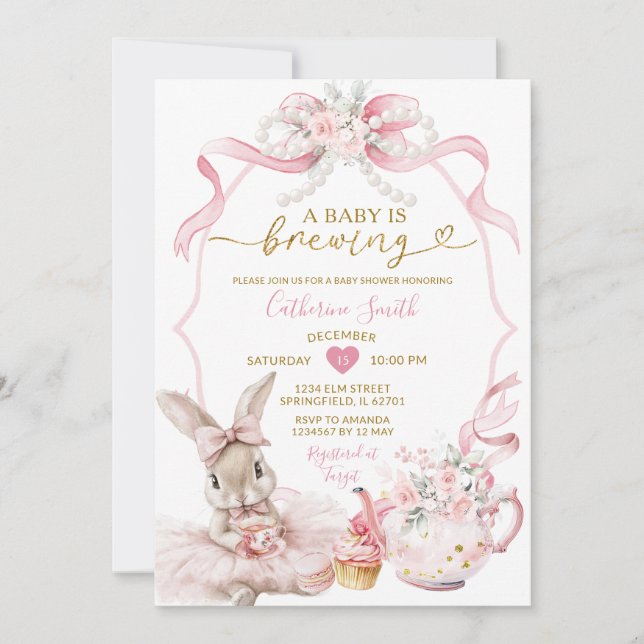 Invitación Pink Coquette Pearl Brewing Bunny Girl Baby Shower (Anverso)