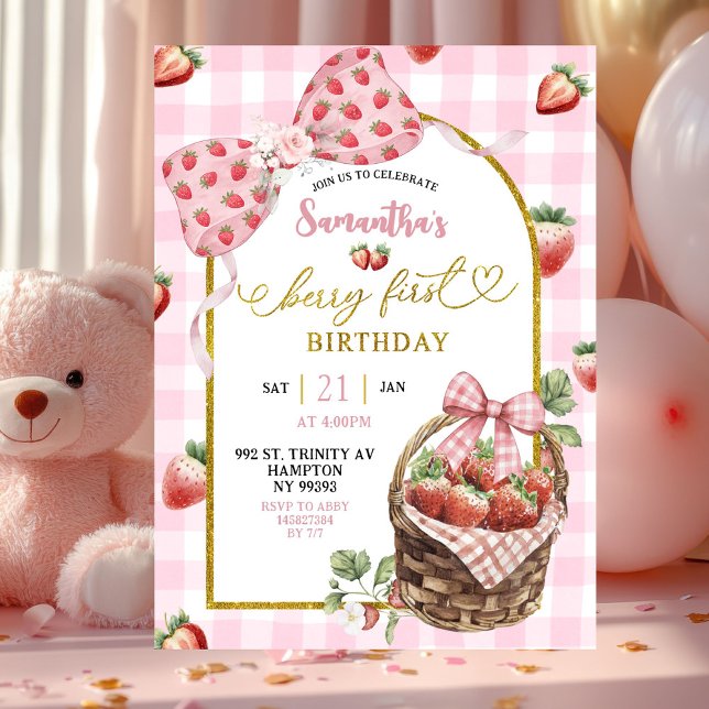 Invitación Pink Coquette Strawberry Gingham First Birthday (Subido por el creador)