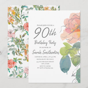 Invitación Pink Coral Boho Watercolor Floral 90 cumpleaños