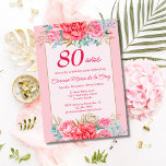 Invitación Pink Coral Florals Español 80th Birthday Party<br><div class="desc">Celebra su cumpleaños número 80 con una elegancia atemporal usando esta elegante invitación española, con una espléndida paleta de rosa, naranja de coral, verde salado y oro. El diseño luce un suave fondo rosado, adornado con un marco florido de rosa intenso, flores de coral, con detalles dorados y un exuberante...</div>