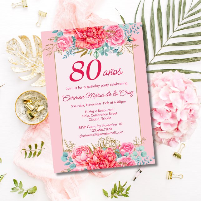 Invitación Pink Coral Florals Español 80th Birthday Party (Subido por el creador)