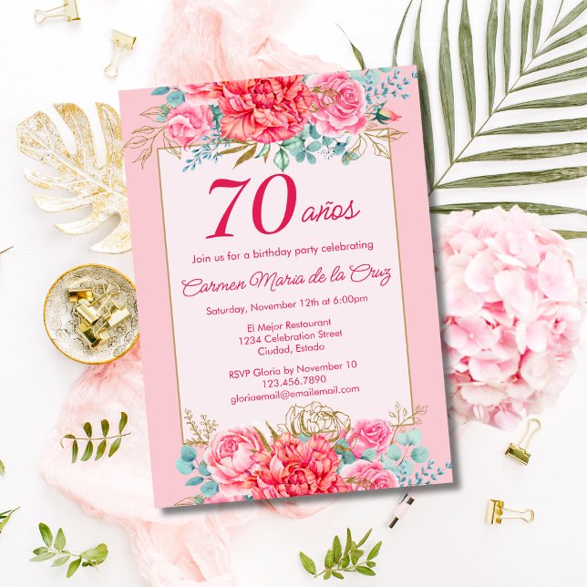 Invitación Pink Coral Florals Fiesta de los 70 Años España (Subido por el creador)