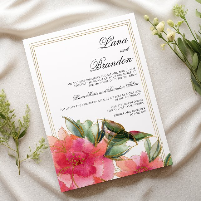 Invitación Pink coral mint white gold glitter floral wedding (Pink coral mint white gold glitter floral wedding)