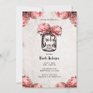 Invitación Pink Coral Peony Mason Jar Rustic Bridal Shower