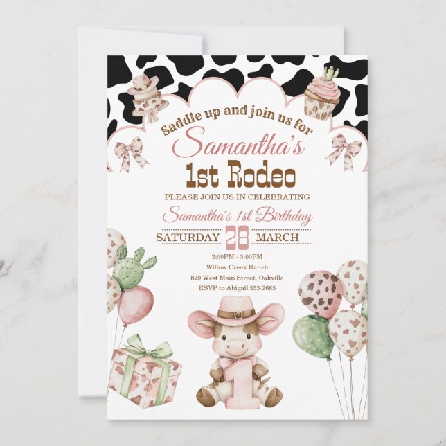 Invitación Pink Cowgirl 1st Birthday Invitation | First Rodeo (Anverso)