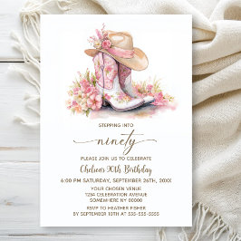 Invitación Pink Cowgirl Boots and Hat 90th Birthday Party