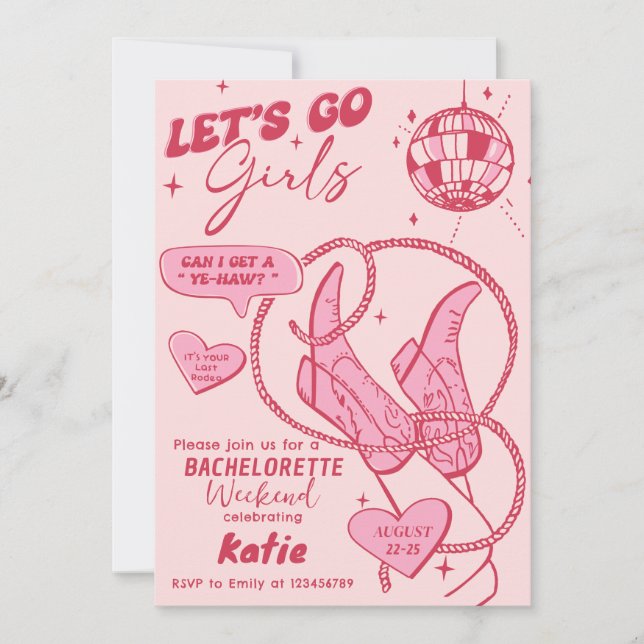 Invitación Pink Cowgirl Disco Rodeo Bachelorette Weekend (Anverso)