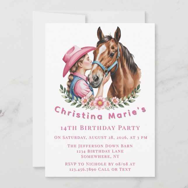 Invitación Pink Cowgirl Kissing a Horse Birthday Party Gift (Anverso)