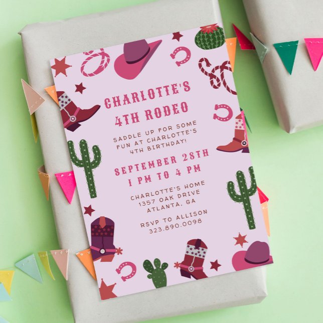 Invitación Pink Cowgirl Rodeo Western Birday Party (pink girls cowboy or cowgirl birthday party invitation featuring cowboy boots, hats, lassos, etc.)