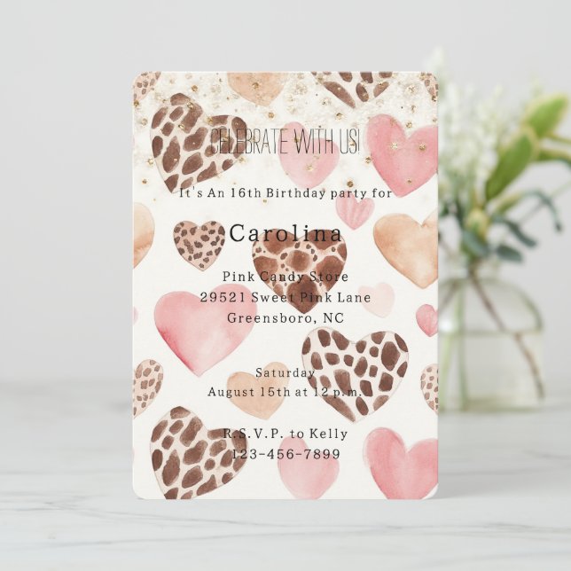 Invitación Pink Cream Animal Hearts Gold Sparkle Birthday (Anverso de pie)