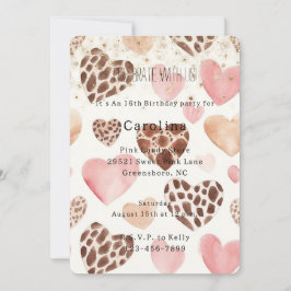 Invitación Pink Cream Animal Hearts Gold Sparkle Birthday