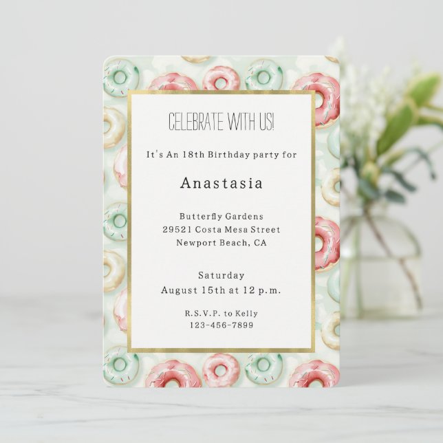 Invitación Pink Cream Donuts Birthday (Anverso de pie)