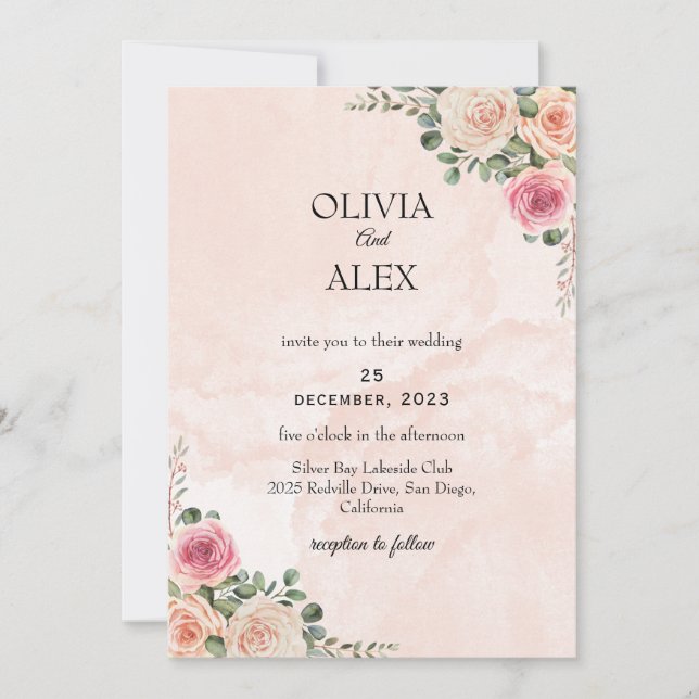 Invitación Pink Cream Floral Elegant Wedding Invitation (Anverso)