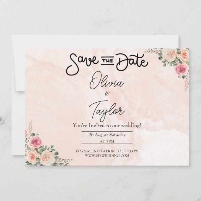 Invitación Pink Cream Floral Wedding Save the Date Cards (Anverso)