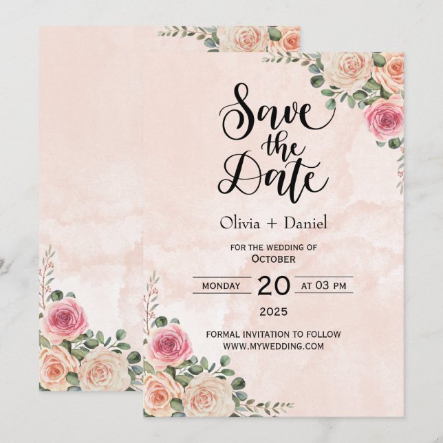 Invitación Pink Cream Floral Wedding Save the Date Cards (Anverso / Reverso)
