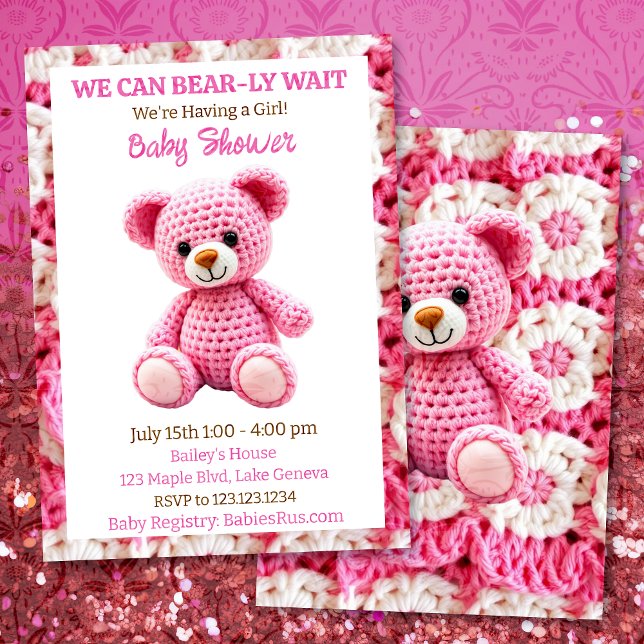 Invitación Pink Crocheted Teddy Bear Girl's Baby Shower (Subido por el creador)