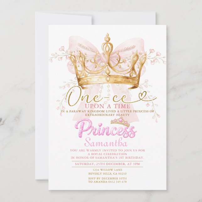 Invitación PINK CROWN Princesa One-ce Upon a Time (Anverso)