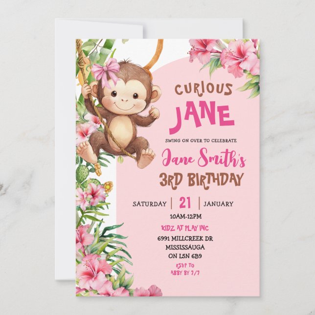 Invitación Pink Curious Monkey Safari Theme Birthday (Anverso)
