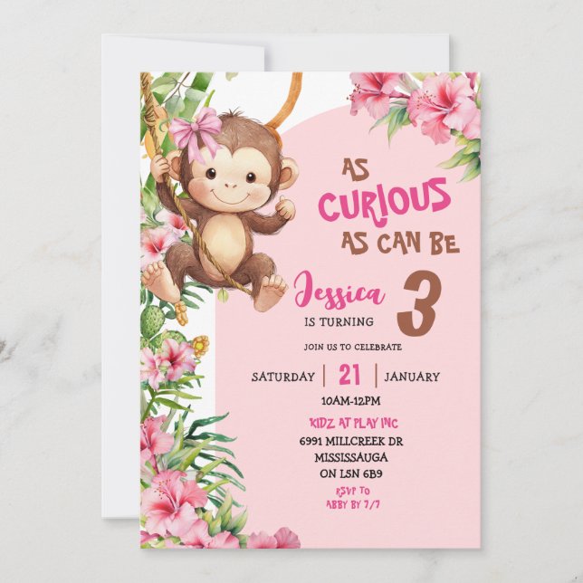 Invitación Pink Curious Monkey Savannah Theme Birthday (Anverso)