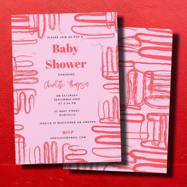 Invitación Pink Curve Wavy Squiggle Abstract Baby Shower (Pink Curve Wavy Squiggle Abstract Baby Shower Invitation)