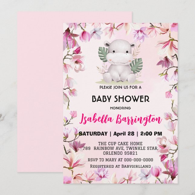 Invitación Pink Cute baby hippo flor florida bebé niño ducha (Anverso / Reverso)