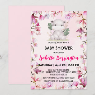 Invitación Pink Cute baby hippo flor florida bebé niño ducha